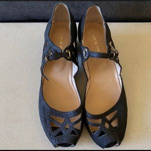 All black peep toe sandals